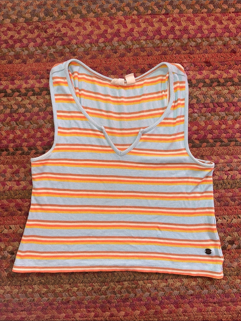 ROXY Striped V-Neck Ribbed CROP Tank Top in Light Blue and Orange